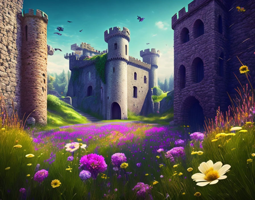 Fairytale castle in vibrant purple flower field with towers and flying birds