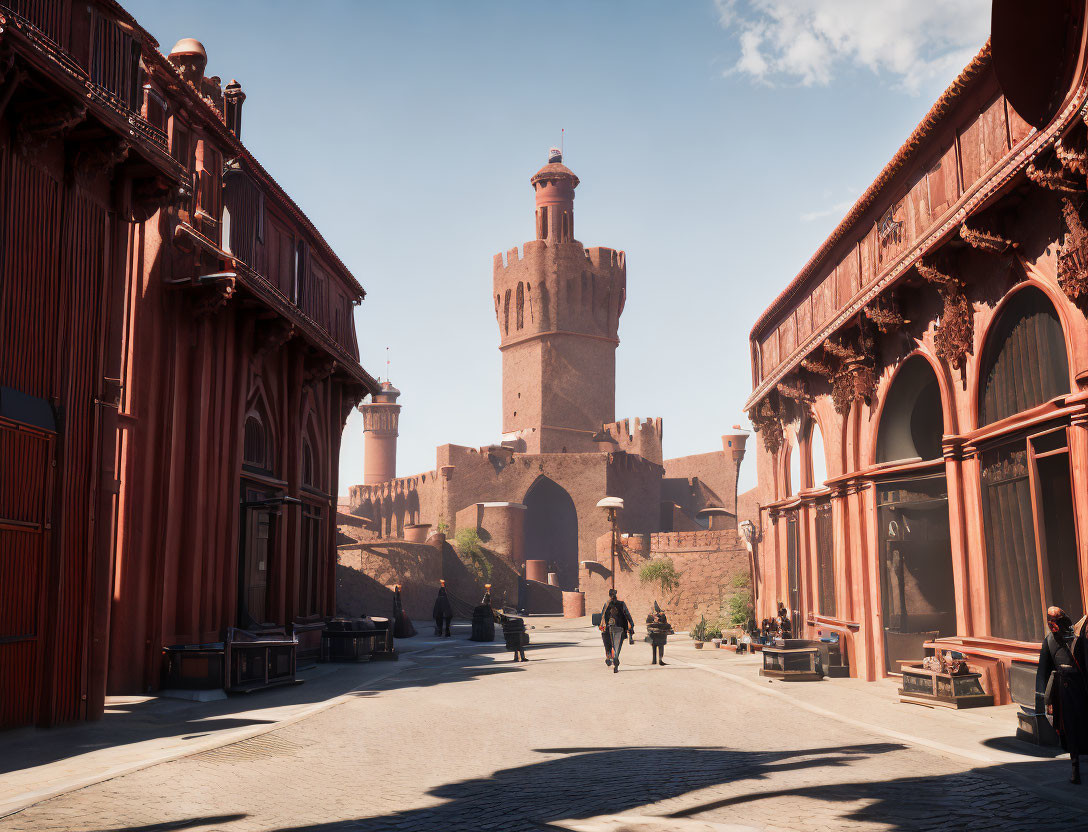 Rustic red buildings and stone tower in serene town scene