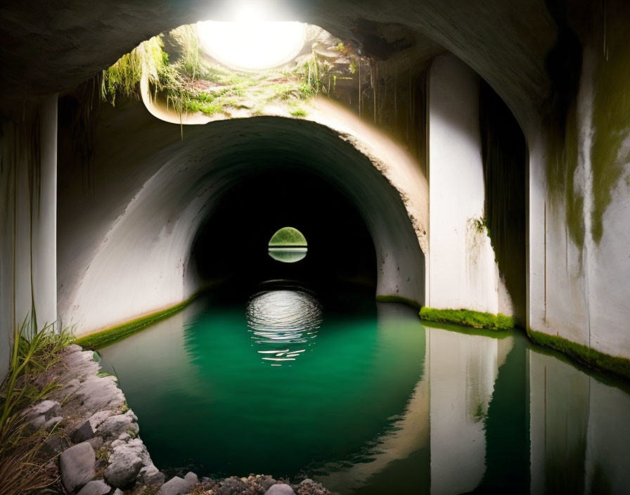 Circular water tunnel with green vegetation and light reflection.