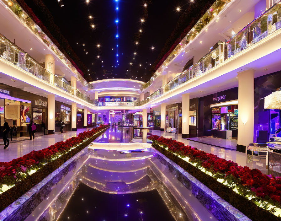 Modern Shopping Mall Interior with Blue LED Lights and Floral Decor