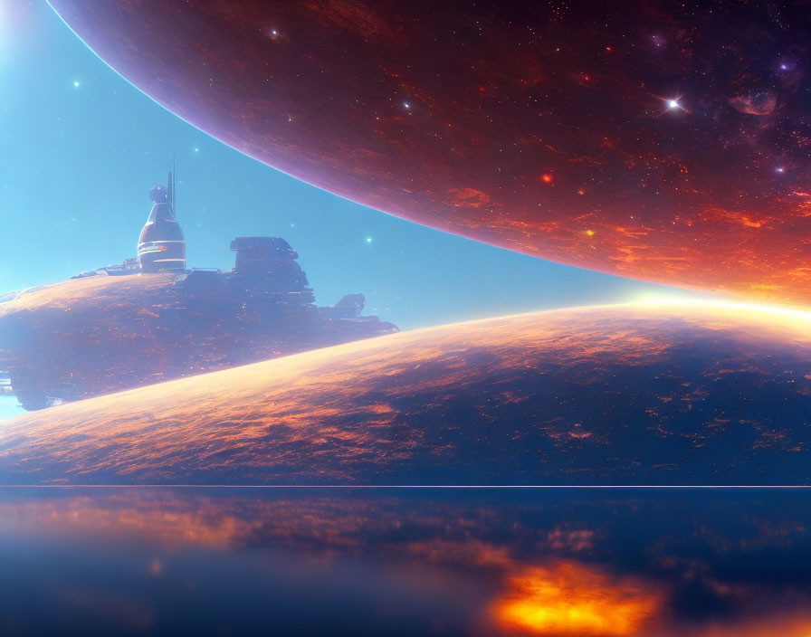 Sci-fi landscape with celestial body, planet, buildings, and starry sky.