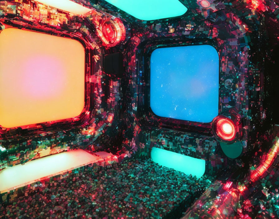 Futuristic room with multicolored panels and starry space view