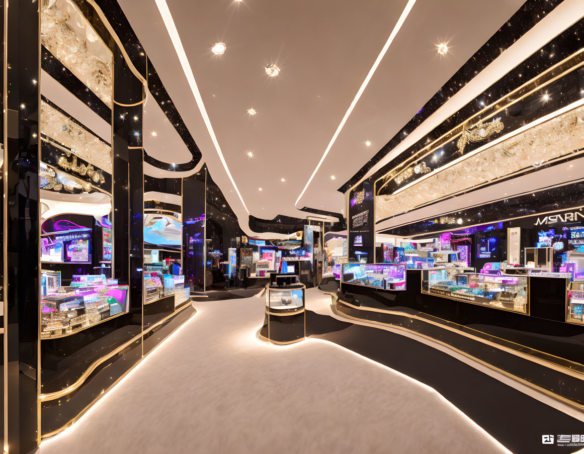 Sleek futuristic arcade with neon lights and gaming machines