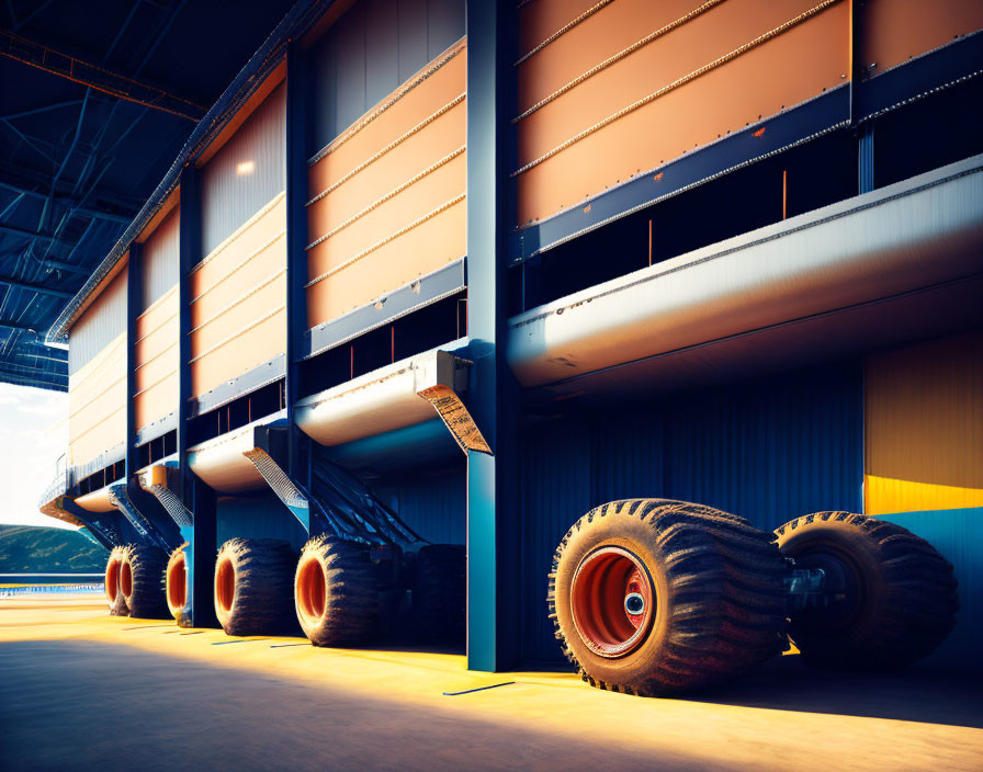 Warehouse exterior with giant mining truck tires under loading docks in warm sunlight