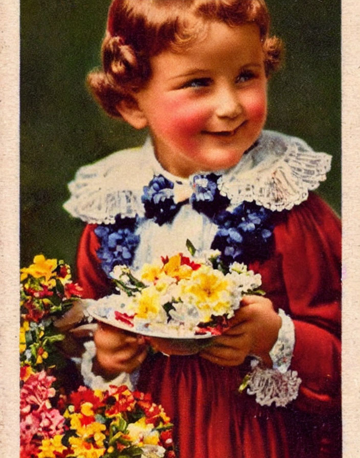 Vintage Illustration of Smiling Child in Red Dress