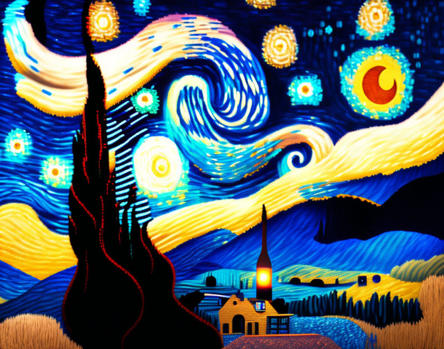 Vibrant digital artwork: swirling blues, bright stars, crescent moon, peaceful village