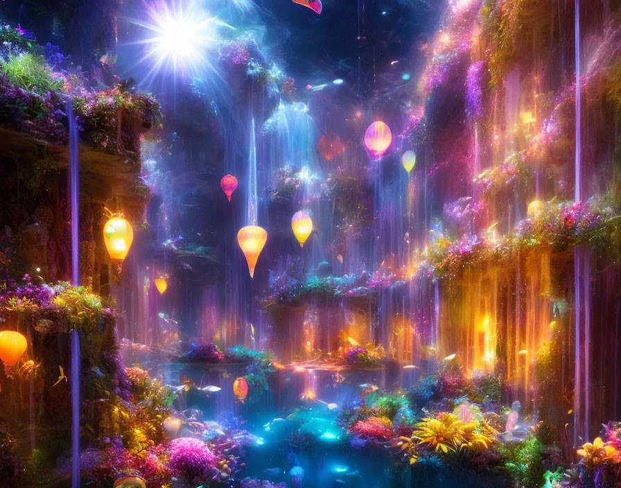 Enchanted forest with glowing plants, hot air balloons, and magical waterfalls