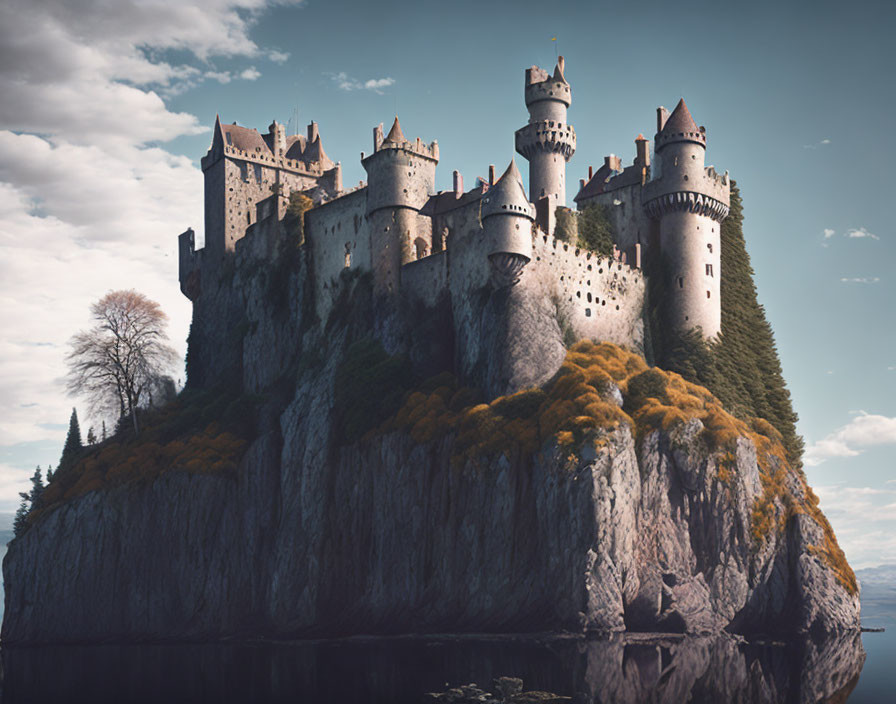 Medieval castle on steep cliff with towers, surrounded by water and greenery