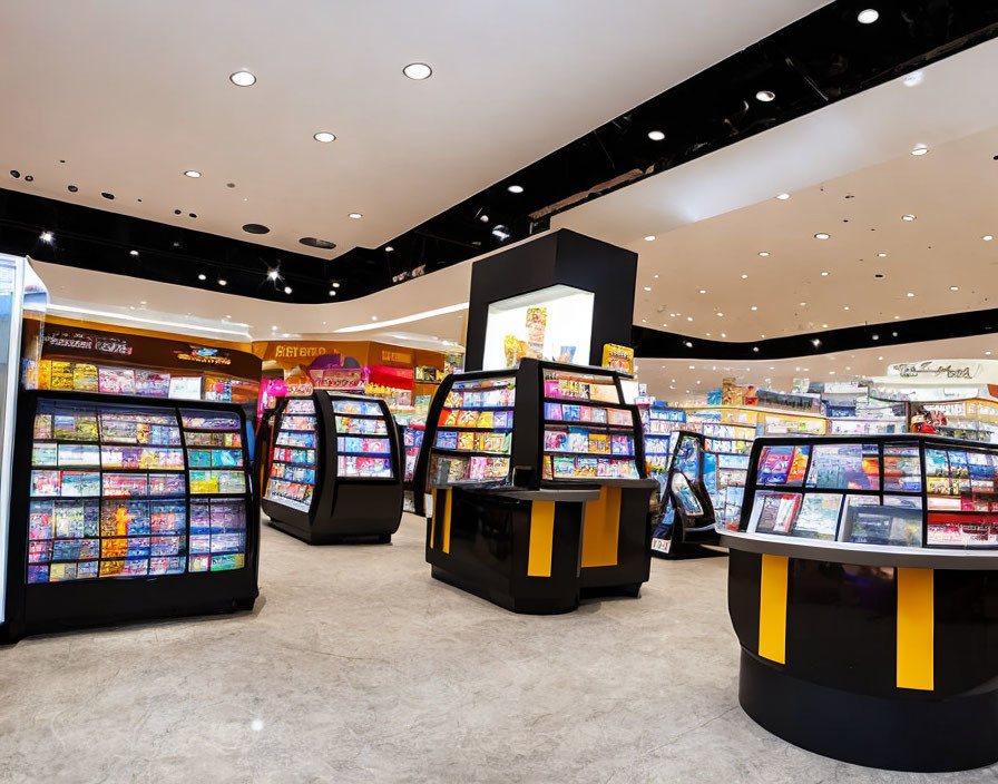 Contemporary Bookstore Interior with Organized Displays & Vibrant Signage