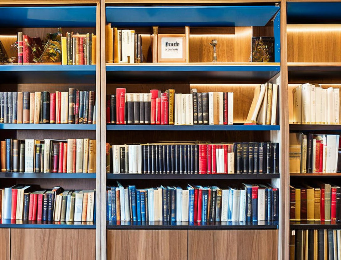 Organized bookshelf with color-coded books from red to blue