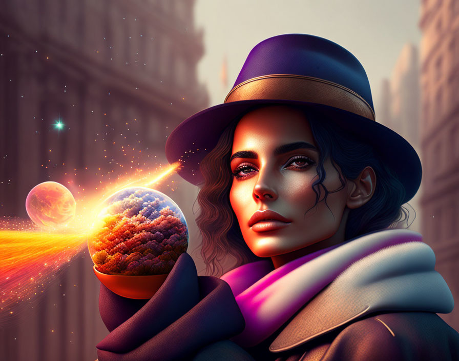 Stylized portrait of woman with hat and glowing orb in cosmic scene