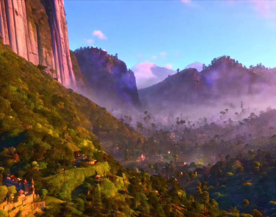 Animated Landscape with Towering Cliffs and Lush Greenery