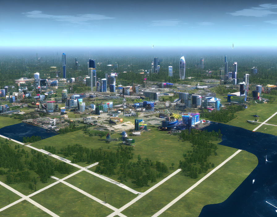 Vibrant simulated cityscape with modern skyscrapers and green spaces