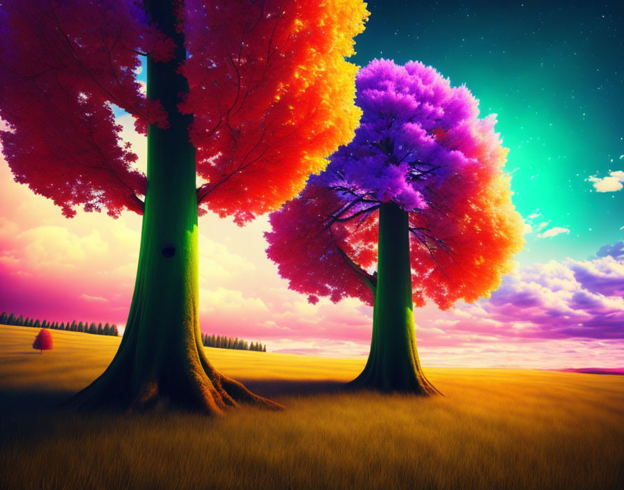 Colorful Surreal Landscape with Two Trees and Day-to-Night Sky