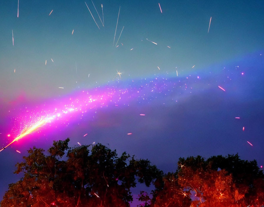 Vibrant meteor shower over twilight sky and trees