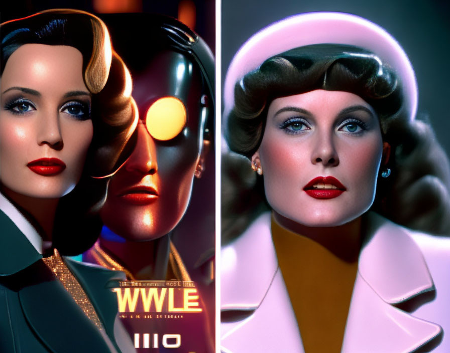 Stylized retro-futuristic woman and android portraits in classic film star style