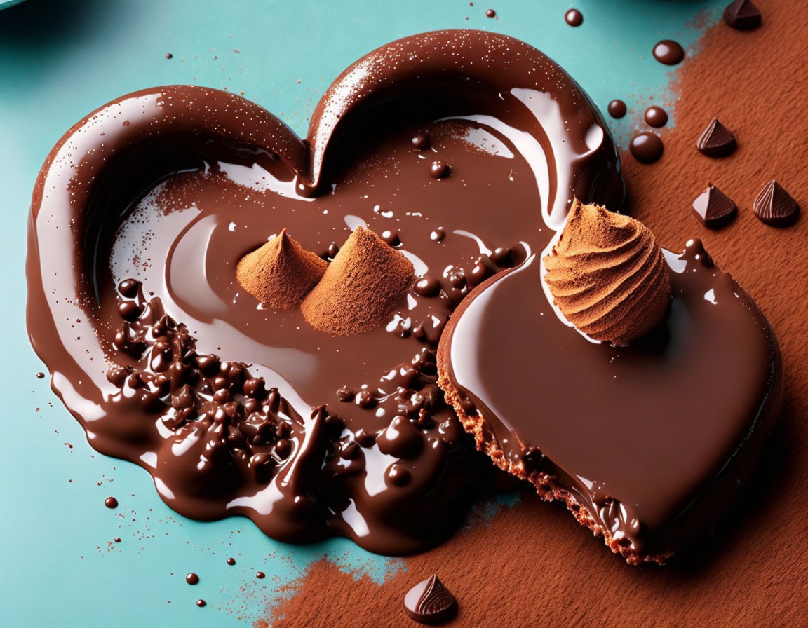 Heart-shaped chocolate dessert with creamy mousse swirls and chocolate drops on teal background