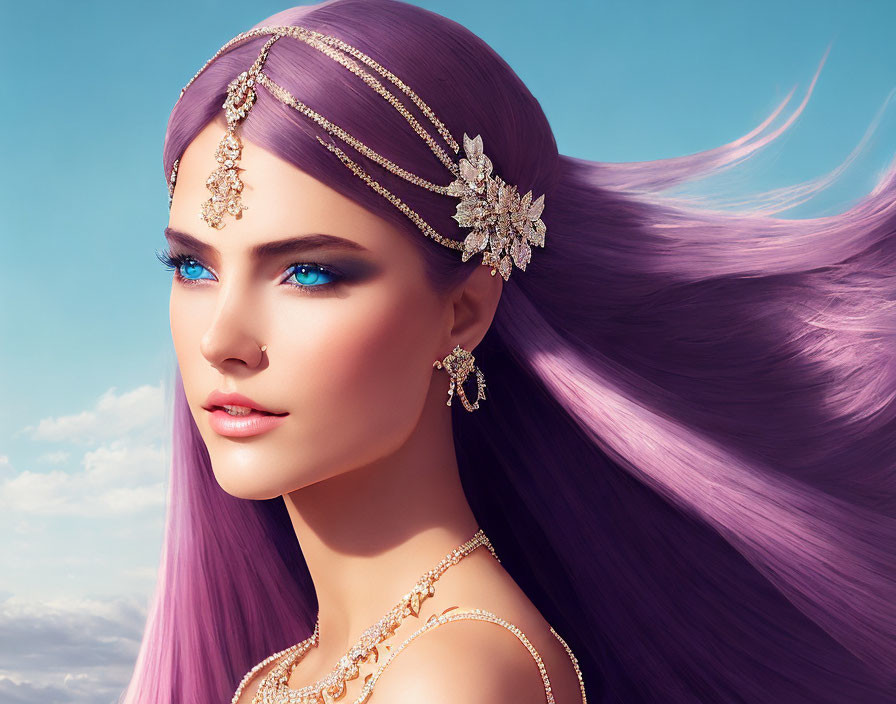 Vibrant Purple Hair Woman with Blue Eyes and Gold Jewelry on Blue Sky Background