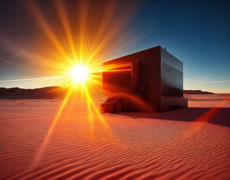 Modern building shadows on sand dunes under radiant sunset.