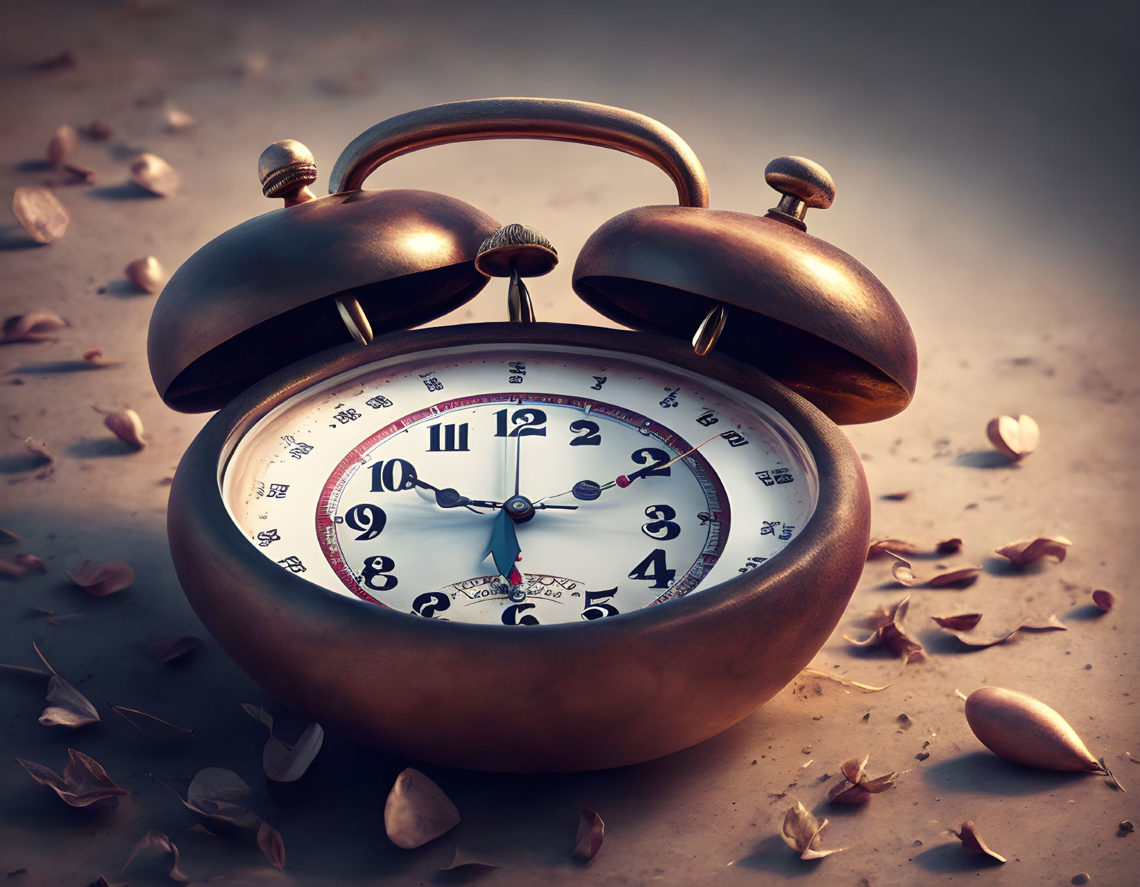 Melting vintage alarm clock on surface with dried leaves