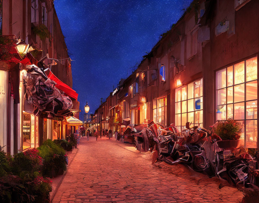 Charming cobblestone street with lit storefronts and parked motorcycles at night