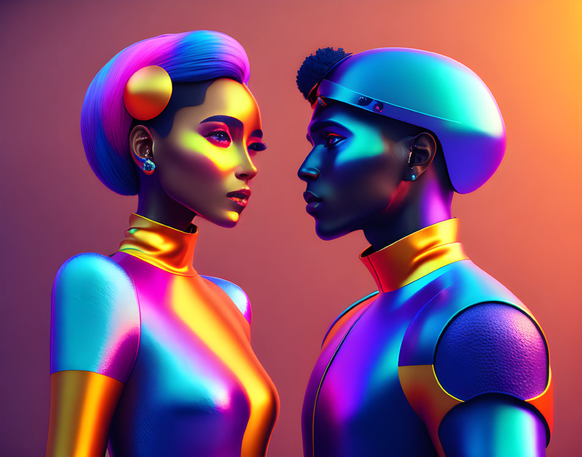 Stylized 3D characters in futuristic attire on gradient backdrop