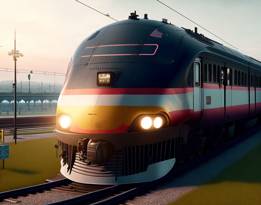 Sleek metallic passenger train at sunrise/sunset with bridge in background