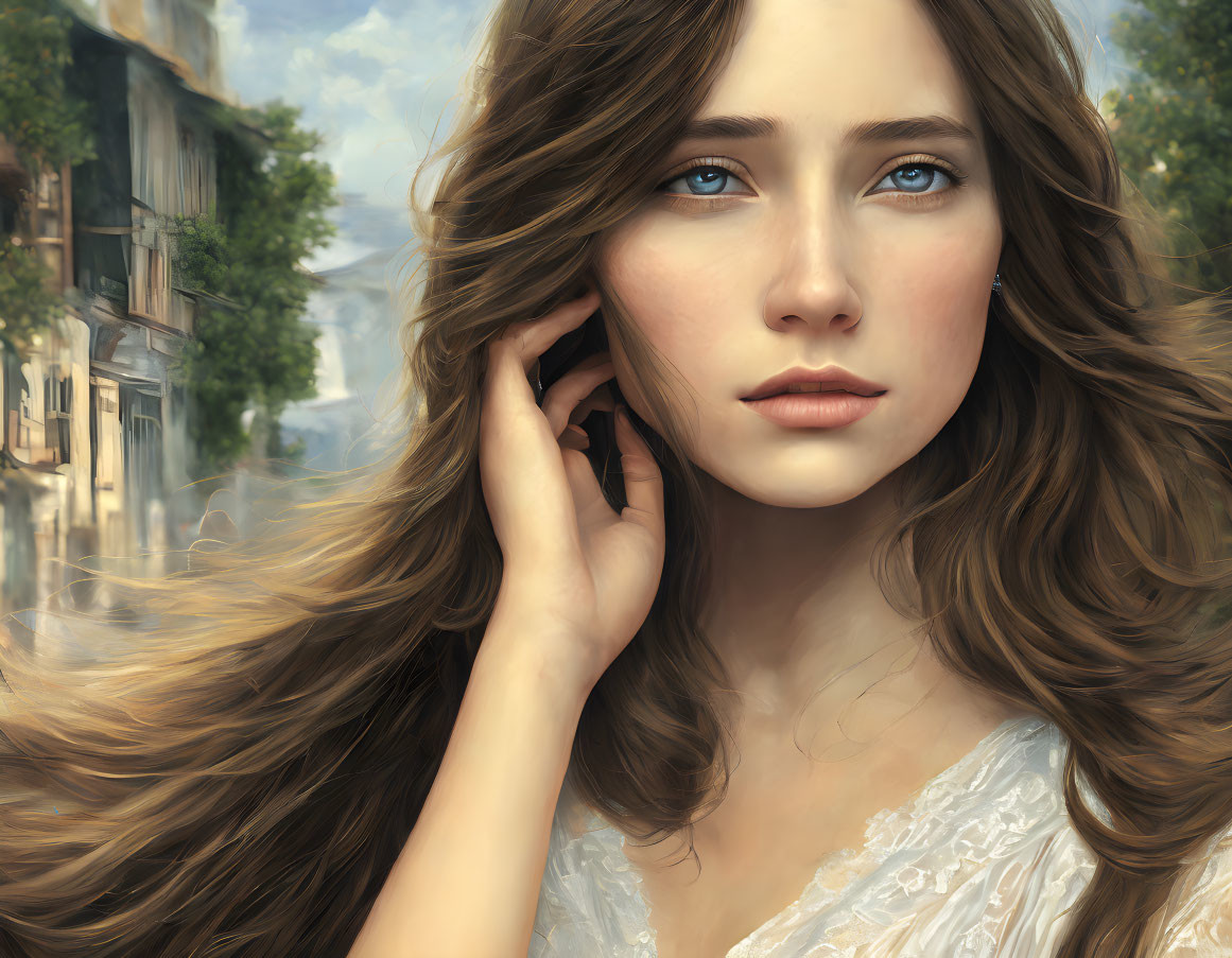 Young woman with wavy brown hair and blue eyes in digital portrait