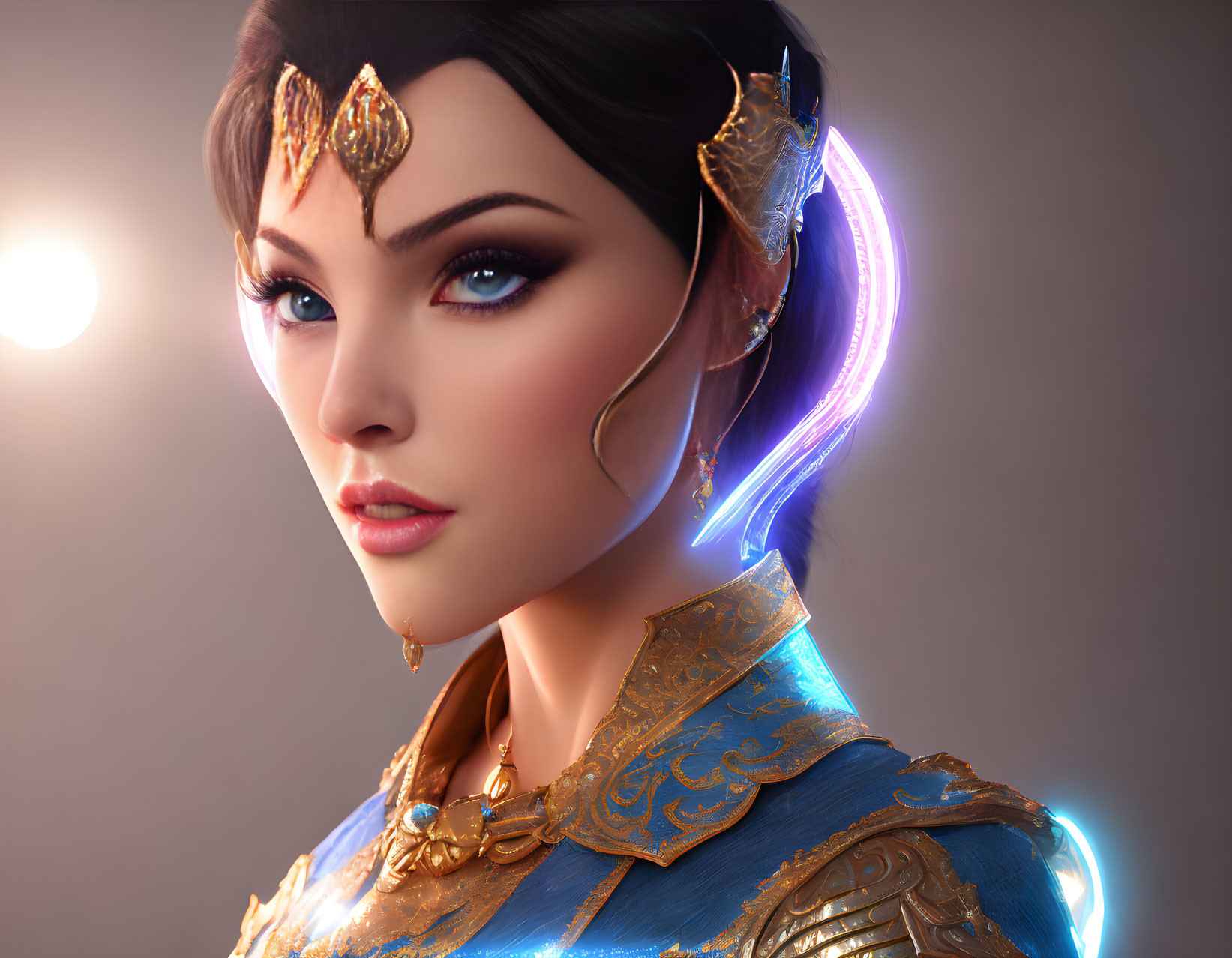 Digital artwork of woman in gold-trimmed blue armor with futuristic earpieces & neon glow