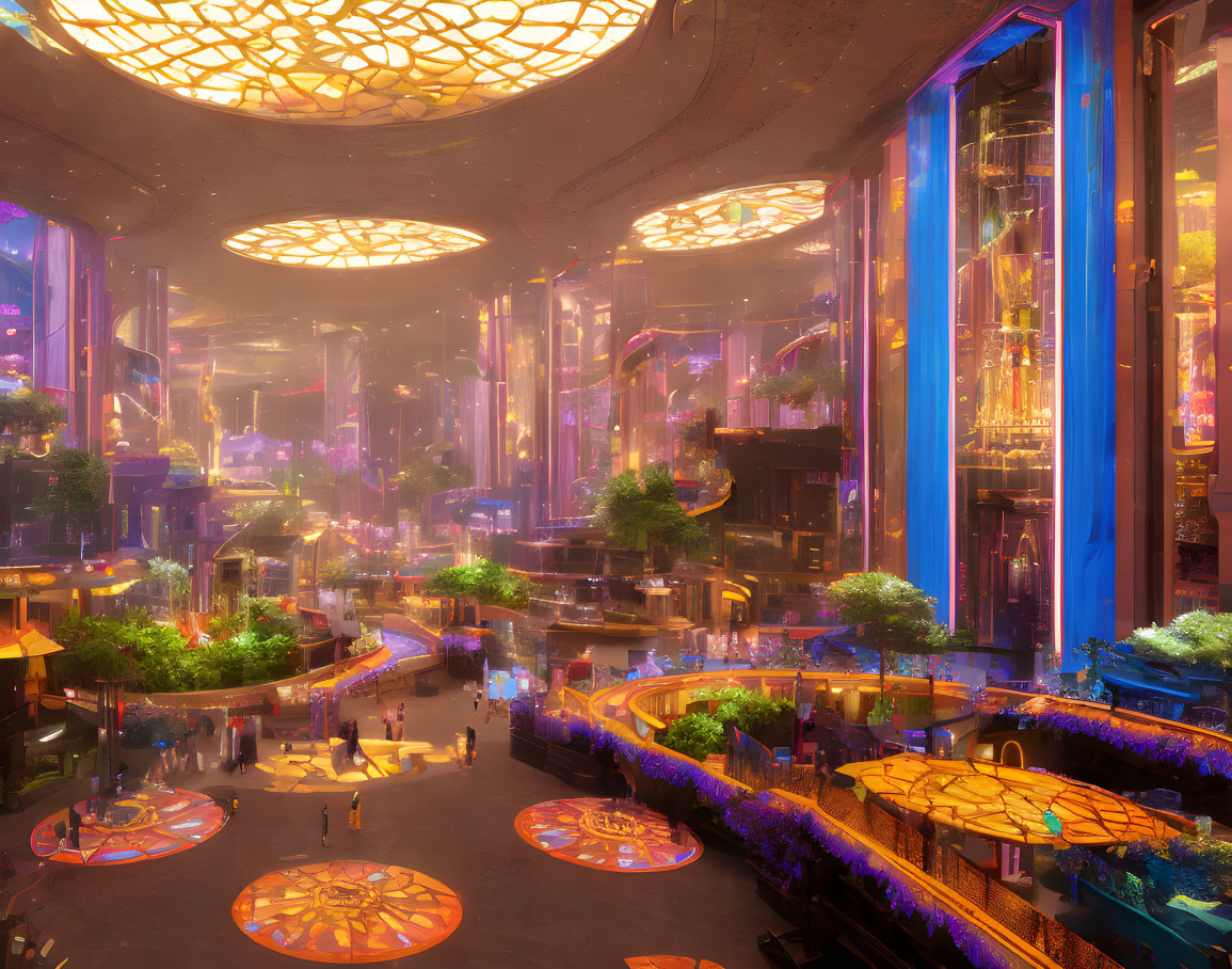 Futuristic indoor cityscape with glowing skyscrapers and lush greenery