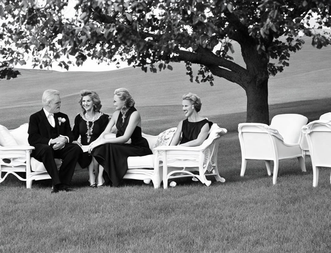 Group of four individuals in formal attire chatting on white chairs outdoors.