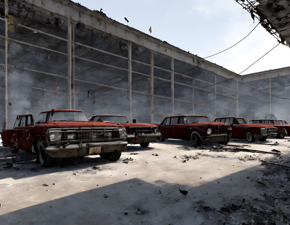 Abandoned Red Cars in Derelict Building with Debris and Damaged Roof