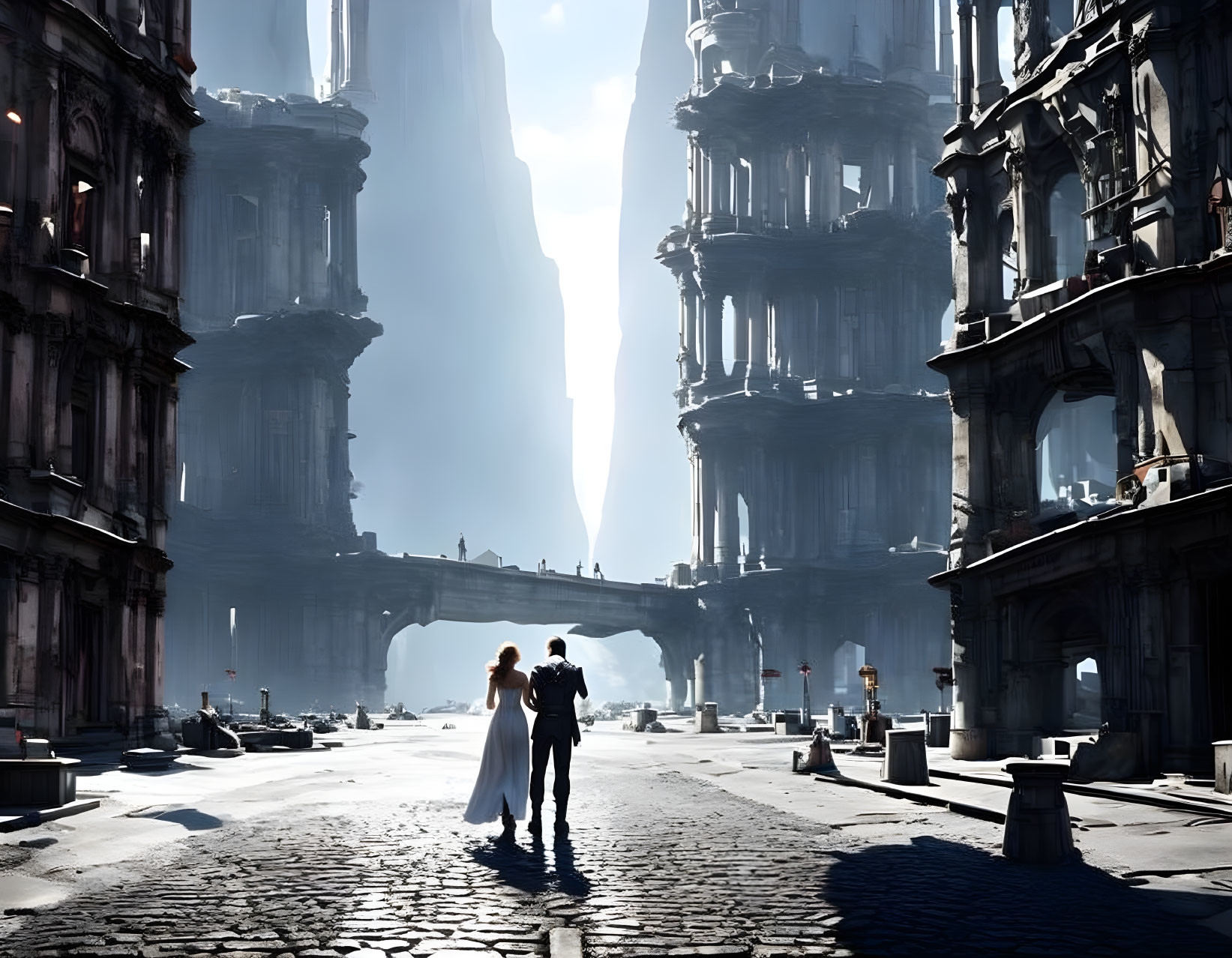 Couple holding hands in futuristic cityscape with towering buildings