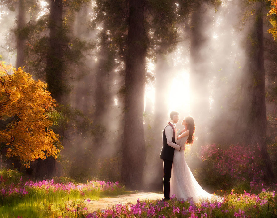 Wedding couple embracing in sunlit forest clearing