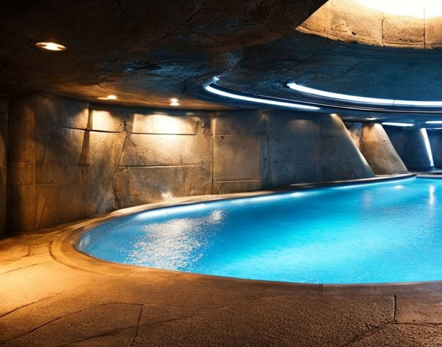 Blue Water Indoor Pool in Cave-Like Stone Architecture