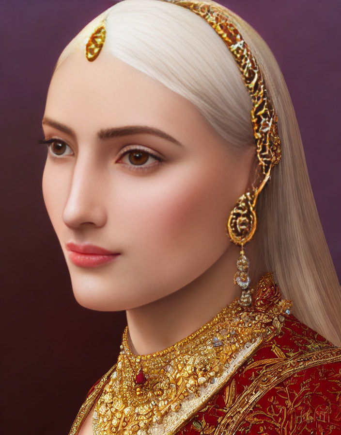 Portrait of woman with pale skin, white hair, gold jewelry, red garment