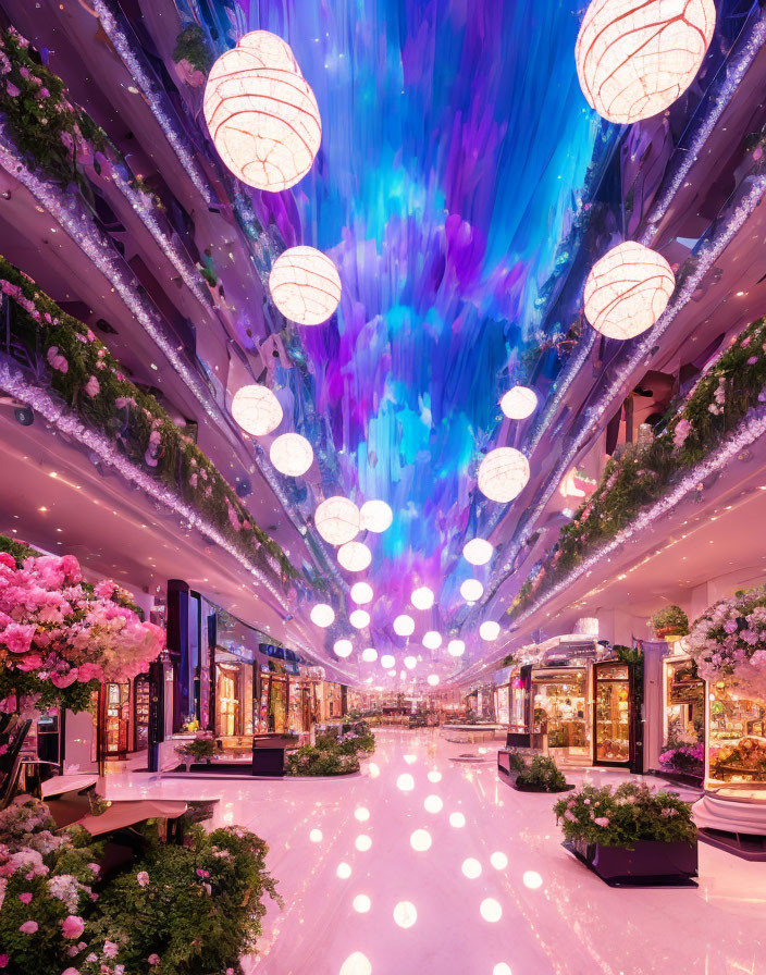 Luxurious shopping arcade with white lanterns, LED-lit ceiling, and floral displays