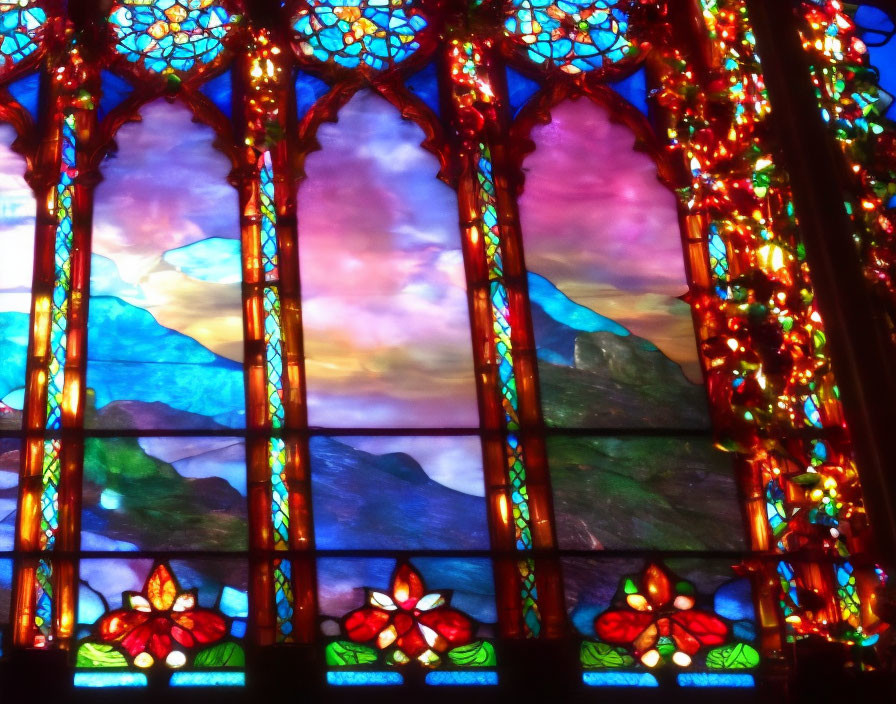 Colorful Stained Glass Window of Mountain Landscape