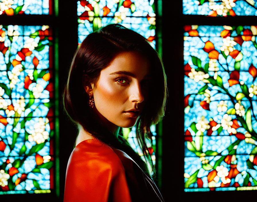 Striking woman poses by colorful stained-glass window