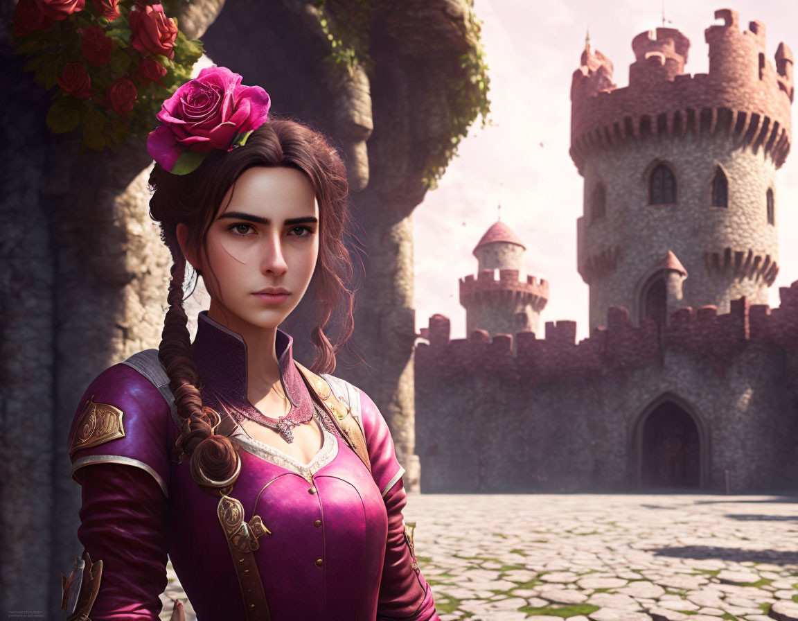 Digital art: Woman in stern expression, medieval purple dress, castle backdrop