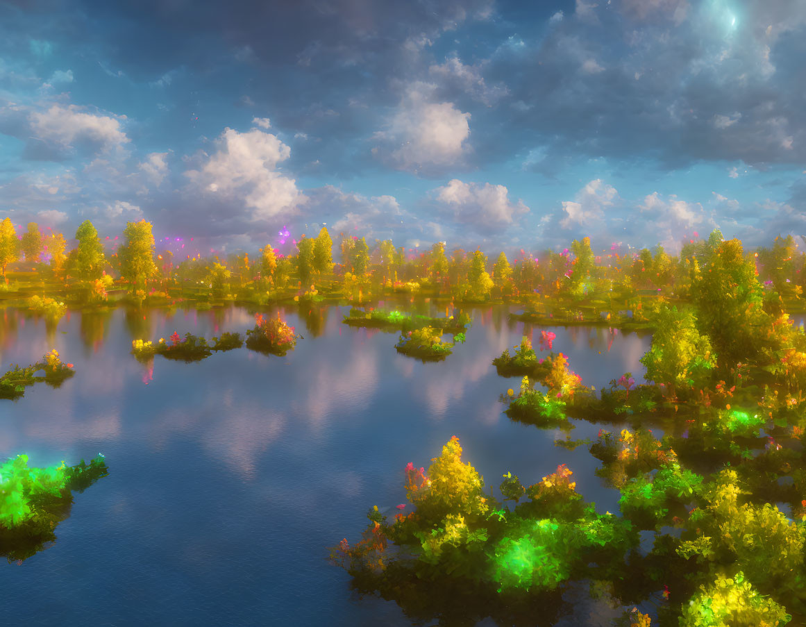 Tranquil landscape: vibrant trees, calm lake, fluffy clouds