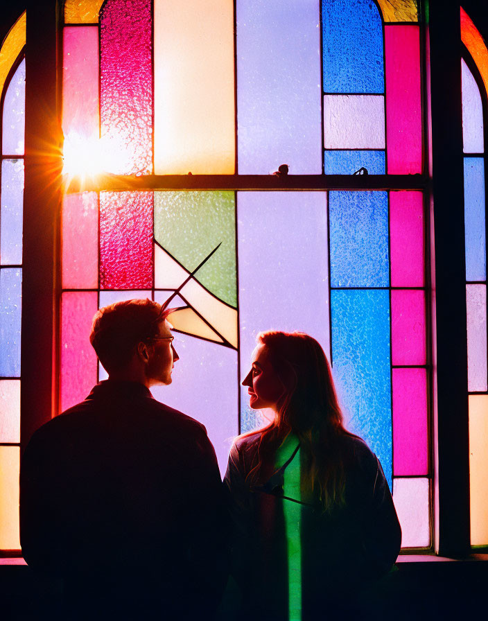 Silhouetted figures in front of vibrant stained glass window