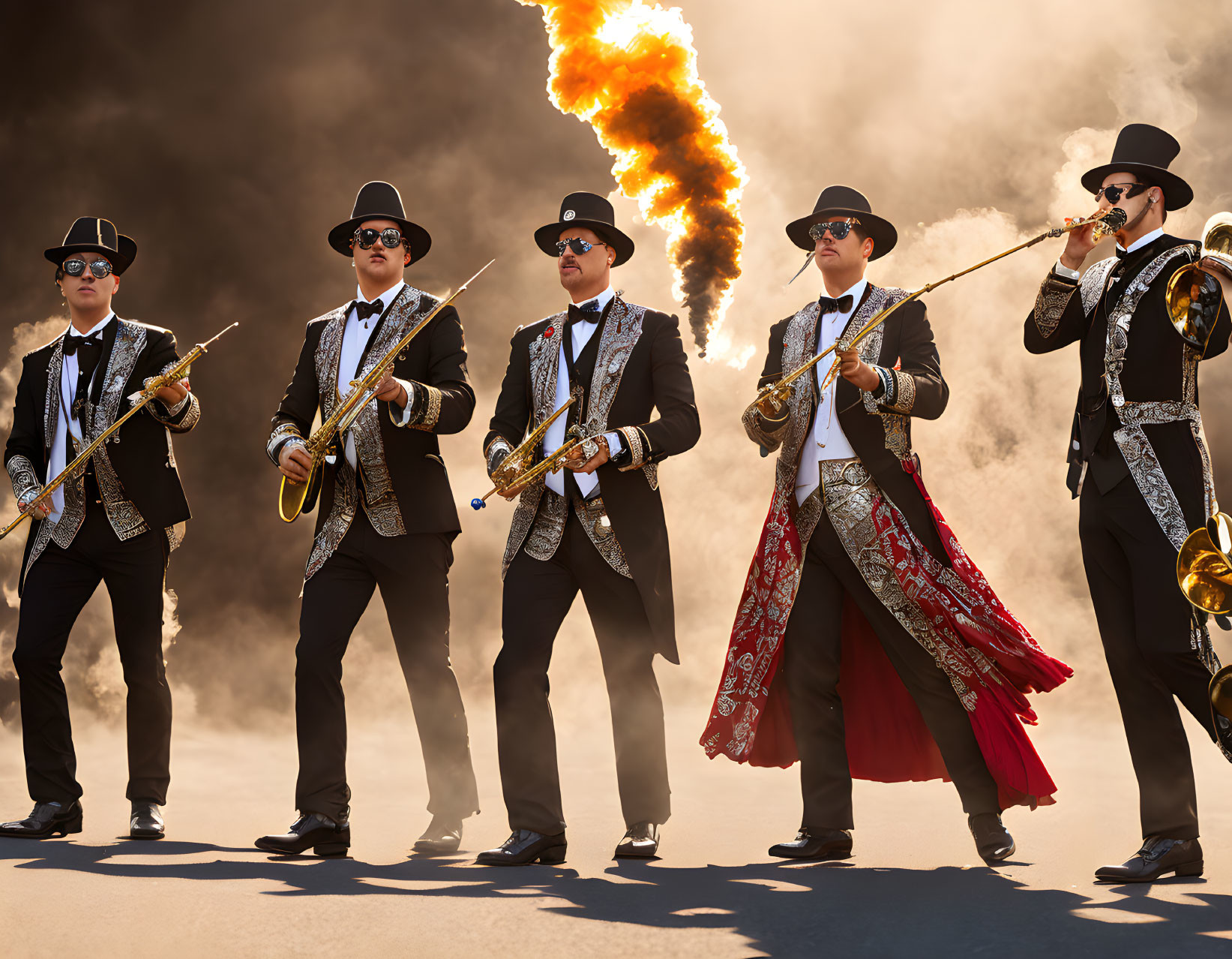 Five musicians in tuxedos playing brass instruments with fire plume