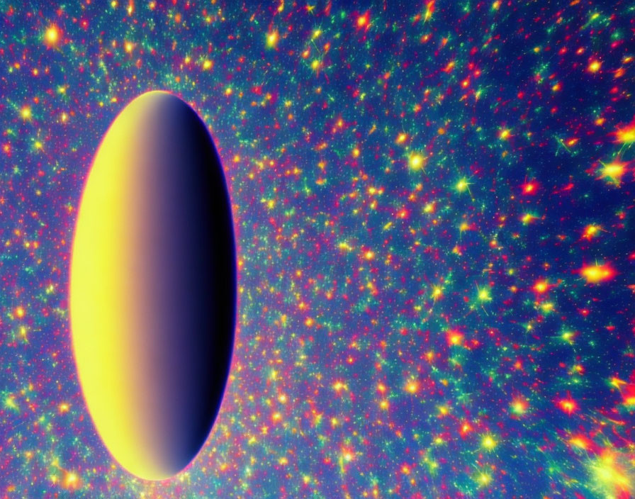 Golden-yellow elongated object on colorful cosmic backdrop