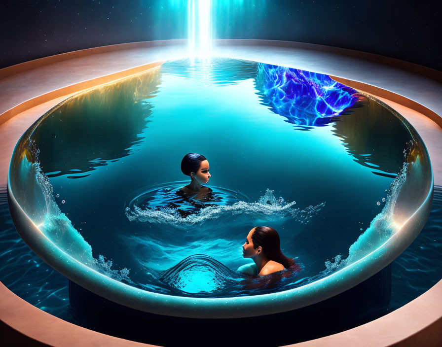 Futuristic indoor pool with two people swimming in vibrant blue lighting