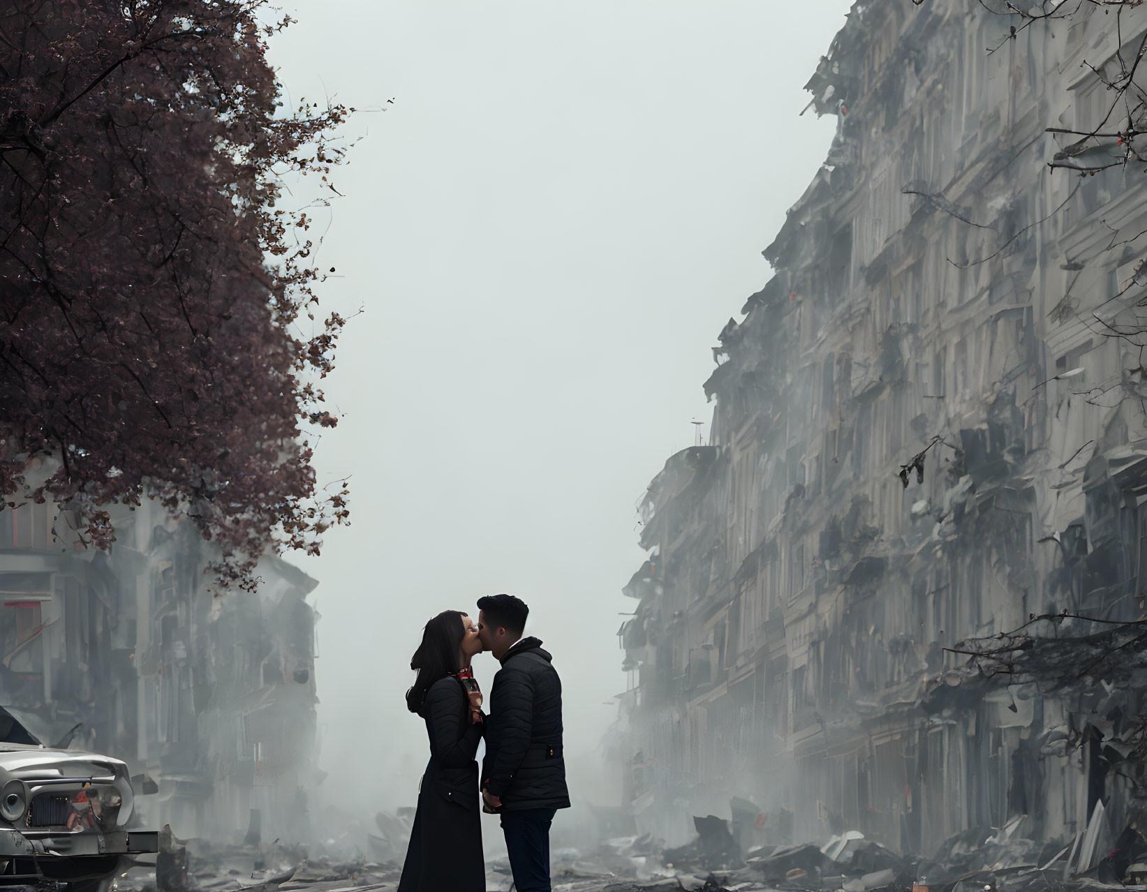 Couple embracing in foggy street with classic car and cherry blossom tree