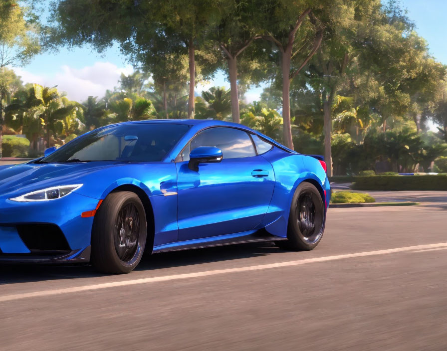 Blue sports car on asphalt road with palm trees in sunny setting