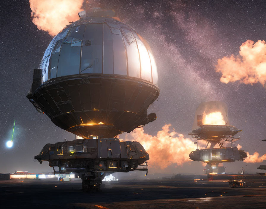 Futuristic domed structures on stilts under starry sky with spaceships.