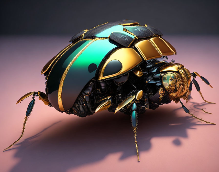 Futuristic mechanical beetle with golden and teal carapace on pink background