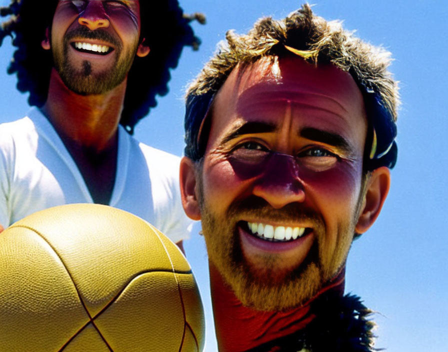 Digitally altered image of two smiling men's faces merged with a basketball under clear blue sky